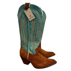New Ariat Women's Ambrose Tall Western Heeled Boots in Suede/turquoise Size 6
